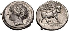 MAGNA GRAECIA. CAMPANIA, NEAPOLIS. Silver didrachm, circa 325-241 BC. Obv: head of the nymph Parthenope left, trophy behind. Rev: Nike flying right, crowning man-headed bull advancing right; IΣ below,