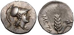 MAGNA GRAECIA. LUCANIA, METAPONTION. Punic occupation. Silver half shekel, circa 215-207 BC. Obv: head of Athena right, wearing crested Corinthian helmet. Rev: ear of barley with leaf to right, owl in
