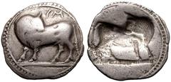 MAGNA GRAECIA. LUCANIA, SYBARIS. Silver stater, circa 530-510 BC. Obv: bull standing left, head reverted; VM above. Rev: incuse bull standing right, head reverted. About Very Fine. Reference: SNG ANS-