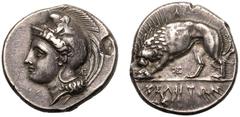 MAGNA GRAECIA. LUCANIA, VELIA. Silver didrachm, circa 334-300 BC. Kleudoros group. Obv: head of Athena left, wearing crested Phrygian helmet decorated with centauress; monogram behind neck. Rev: lion 