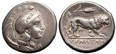 MAGNA GRAECIA. LUCANIA, VELIA. Silver didrachm, circa 300-280 BC. Philistion group. Obv: head of Athena right, wearing laureate helmet decorated with wing; monogram behind neck guard, Φ below chin. Re