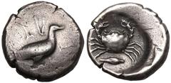 MAGNA GRAECIA. SICILY, AKRAGAS. Silver didrachm, circa 480-470 BC. Obv: AKPA, sea eagle standing right. Rev: crab above barley grain; all within shallow incuse circle. Good Very Fine; struck with a wo