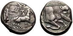MAGNA GRAECIA. SICILY, GELA. Silver tetradrachm, circa 480-470 BC. Obv: charioteer, holding kentron and reins, driving walking quadriga right; above, Nike flying right, crowning horses with wreath. Re