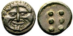 MAGNA GRAECIA. SICILY, HIMERA. Bronze hemilitron, circa 430-420 BC. Reduced standard. Obv: gorgoneion facing with protruding tongue and furrowed cheeks. Rev: six pellets (mark of value). About Extreme