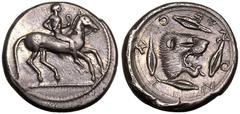 MAGNA GRAECIA. SICILY, LEONTINI. Silver didrachm, circa 476-466 BC. Obv: nude horseman riding right. Rev: ΛEONTINON, head of lion right with open jaws and protruding tongue; four barley corns around.E