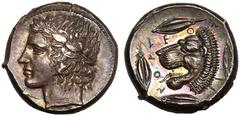 MAGNA GRAECIA. SICILY, LEONTINI. Silver tetradrachm, circa 450-420 BC. Obv: laureate head of Apollo left. Rev: LEONTINON, head of lion left with open jaws and protruding tongue; bay leaf behind, three