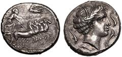 MAGNA GRAECIA. SICILY, LILYBAION (AS 'CAPE OF MELKART'). Silver tetradrachm, circa 350-310 BC. Obv: Charioteer, holding kentron and reins, driving fast quadriga right; Nike flying left above, crowning