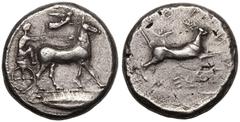 MAGNA GRAECIA. SICILY, MESSANA. Silver tetradrachm, 480-470 BC. Obv: seated charioteer, holding reins with both hands, driving mule biga right; Nike flying right above, crowning horses with wreath; ba