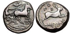 MAGNA GRAECIA. SICILY, MESSANA. Silver tetradrachm, after 461 BC. Obv: seated charioteer, holding reins with both hands, driving mule biga right; Nike flying right above, crowning horses with wreath; 