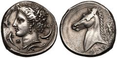 MAGNA GRAECIA. SICILY, SICULO-PUNIC, 'THE CAMP' (ENTELLA?). Silver tetradrachm, circa 320-300 BC. Obv: head of Tanit-Arethusa left, wreathed with reeds, wearing pearl necklace and triple pendant earri