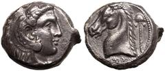 MAGNA GRAECIA. SICILY, SICULO-PUNIC, 'THE CAMP' (ENTELLA?). Silver tetradrachm, circa 300-289 BC. Obv: head of Herakles right, wearing lion skin headdress. Rev: head of horse left; date palm tree behi