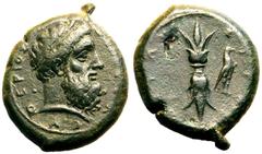 MAGNA GRAECIA. SICILY, SYRACUSE. temp. Timoleon (Third Democracy). Bronze 28mm, circa 344-338 BC. Obv: ZEΥΣ ΕΛΕΘΥΕPΙΟΣ, laureate head of Zeus Eleutherios right. Rev: ΣYPAKOΣIΩN, thunderbolt; to right,