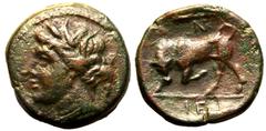 MAGNA GRAECIA. SICILY, SYRACUSE. temp. Hieron II. Bronze ae18, circa 274-216 BC. Obv: wreathed head of Persephone left; ΣΥΡΑΚΟΣΙΩΝ before, cornucopiae behind. Rev: bull butting left; club and N above,