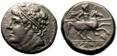 MAGNA GRAECIA. SICILY, SYRACUSE. temp. Hieron II. Bronze ae26, circa 230-215 BC. Obv: diademed male head left. Rev: warrior, holding lance, on horse prancing to right; N below, IEPΩNOΣ in exergue. Ver