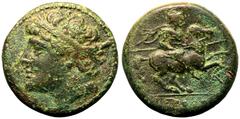 MAGNA GRAECIA. SICILY, SYRACUSE. temp. Hieron II. Bronze ae26, circa 230-215 BC. Obv: diademed male head left. Rev: warrior, holding lance, on horse prancing to right; AP monogram below, IEPΩNOΣ in ex