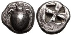 ANCIENT GREECE. ISLANDS OFF ATTICA, AEGINA. Silver hemidrachm, circa 480-457 BC. Obv: sea turtle, head in profile, with 'T-back' design on shell. Rev: large square incuse with skew pattern.Very Fine; 