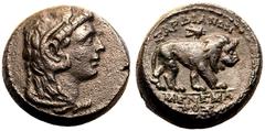 ANCIENT GREECE. LYDIA, SARDIS. Bronze ae19, circa 133 BC-AD 14. Menemachos, magistrate. Obv: head of Herakles right, wearing lion skin headdress. Rev: lion walking right; fly or bee above; ΣΑΡΔΙΑΝΩΝ a