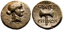 ANCIENT GREECE. LYDIA, THYATEIRA. Bronze ae15, 2nd century BC. Obv: laureate head of Apollo right. Rev: ΘΥΑΤΕΙ ΡΗ-ΝΩΝ, labrys. Good Very Fine. Reference: SNG von Aulock-3199; SNG Copenhagen-571; GRPC 