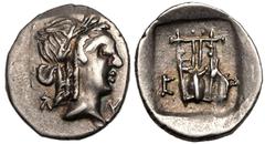 ANCIENT GREECE. LYKIAN LEAGUE, KRAGOS. Silver hemidrachm, circa 33-27 BC. Obv: laureate head of Apollo right; Λ-Y across fields. Rev: kithara; K-P across fields; all within shallow incuse square. Extr