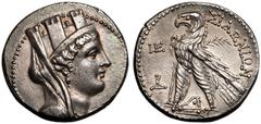 ANCIENT GREECE. PHOENICIA, SIDON. Silver tetradrachm, dated year 5 = 107/6 BC. Obv: turreted, veiled and draped bust of Tyche right, wearing pearl necklace. Rev: ΣΙΔΩΝΙΩΝ, eagle, with closed wings and