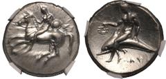 MAGNA GRAECIA. CALABRIA, TARENTUM. Silver nomos, circa 302-280 BC. Si-, Philokles and Ly.-, magistrates. Obv: nude youth on horseback left, holding shield and rein; ΣI behind, ΦIΛOKΛHΣ below. Rev: Tar