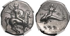 MAGNA GRAECIA. CALABRIA, TARENTUM. Silver nomos, circa 290-281 BC. Phili- and Phi-, magistrates. Obv: nude warrior, wearing Phrygian helmet, on horseback right, brandishing spear held in right hand an