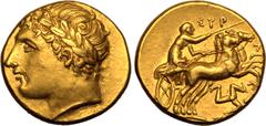 MAGNA GRAECIA. SICILY, SYRACUSE. temp. Agathokles. Gold Dekadrachm - 50 Litrai, circa 317-289 BC. Obv: laureate head of Apollo left. Rev: ΣYPAKOΣIΩN, charioteer driving fast biga right; triskeles belo