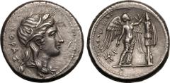 MAGNA GRAECIA. SICILY, SYRACUSE. temp. Agathokles. Silver Tetradrachm, circa 310-295 BC. Obv: wreathed head of Kore right, KOPAΣ downwards behind. Rev: ΑΓΑΘΟΚΛΕΙΟΣ, Nike standing right, crowning troph