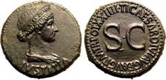 ROMAN EMPIRE. Julia Augusta (Livia, mother of Tiberius). Bronze Dupondius, AD 22-23. Rome. Obv: IVSTITIA, diademed and draped bust of Julia Augusta as Justitia right. Rev: TI CAESAR DIVI AVG F AVG P M