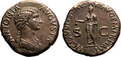 ROMAN EMPIRE. Antonia (mother of Claudius). Bronze Dupondius, AD 41-50. Rome. Obv: ANTONIA AVGVSTA, draped bust right. Rev: TI CLAVDIVS CAESAR AVG P M TR P IMP, Claudius standing left and holding simp