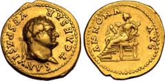 ROMAN EMPIRE. Titus (Caesar). Gold Aureus, AD 77-78. Rome. Obv: T CAESAR VESPASIANVS AVG, laureate head right. Rev: ANNONA AVG, Annona seated left, holding sack of corn ears. About Extremely Fine; lus