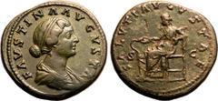 ROMAN EMPIRE. Faustina II (wife of Marcus Aurelius). Bronze Sestertius, AD 161-176. Rome. Obv: FAVSTINA AVGVSTA, draped bust right. Rev: SALVTI AVGVSTAE, Salus seated left, feeding snake rising from a