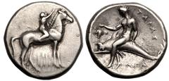 MAGNA GRAECIA. CALABRIA, TARENTUM. Silver Nomos, circa 302-280 BC. Philiarchos, magistrate. Obv: nude youth on horse standing right, crowning horse's head; ΣΑ to left, [ΦΙΛI-APXOΣ] in two lines below.