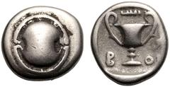 ANCIENT GREECE. BOEOTIA, FEDERAL COINAGE. Silver Hemidrachm, circa 395-340 BC. Thebes(?). Obv: Boeotian shield. Rev: kantharos; BO-I flanking, club above, ivy-leaf in right field. Good Very Fine. Refe