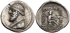 ANCIENT GREECE. KINGDOM OF PARTHIA. Mithradates II. Silver Drachm, circa 120-109 BC. Ekbatana. Obv: diademed bust left. Rev: BAΣIΛEΩΣ MEΓAΛOV APΣAKOV ΕΠIΦANOVΣ, Arsakes I (founder of Arsacid dynasty) 