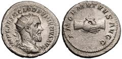 ROMAN EMPIRE. Pupienus. Silver Antoninianus, AD 238. Rome. Obv: IMP CAES M CLOD PVPIENVS AVG, radiate, draped and cuirassed bust right. Obv: AMOR MVTVVS AVGG, clasped hands. Extremely Fine; a striking