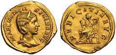 ROMAN EMPIRE. Otacilia Severa (wife of Philip I). Gold Aureus, AD 244-246. Obv: MARCIA OTACIL SEVERA AVG, diademed and draped bust right. Rev: PVDICITIA AVG, Pudicitia, veiled and draped, seated left,