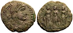 ROMAN EMPIRE. Valentinian I. Bronze Medallion, AD 364-367. Rome. Obv: D N VALENTINIANVS P F AVG, pearl-diademed, draped and cuirassed bust right. Rev: MONETA AVGG, the three Monetae standing left, eac