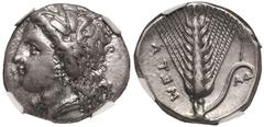 MAGNA GRAECIA. LUCANIA, METAPONTION. Silver Nomos, circa 330-290 BC. Da-, magistrate. Obv: wreathed head of Demeter left, wearing triple pendant earring and necklace. Rev: ear of barley with leaf to r