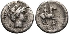 ANCIENT GREECE. KINGDOM OF THRACE. Lysimachos. Silver 1/10 Stater, circa 317-309 BC. Amphipolis. Obv: head of Apollo right, wearing tainia. Rev: youth on horseback galloping right, ΛΥ and forepart of 