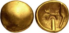 CELTIC. NORTHERN GAUL, MORINI. Gold 1/4 Stater, circa 60-30 BC. 'Uniface Tree' type. Obv: plain. Rev: rooted tree with bar and crescent to left; bent line (lightning bolt?) below. Very Fine; a clear e