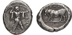 MAGNA GRAECIA. LUCANIA, POSEIDONIA. Silver Nomos, circa 470-445 BC. Obv: Poseidon standing right, wearing chlamys around shoulders, brandishing trident; ΠΟΜΕ downwards before. Rev: bull standing left,