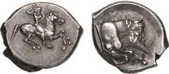 MAGNA GRAECIA. SICILY, GELA. Silver Didrachm, circa 490-475 BC. Obv: horseman riding right, preparing to cast javelin. Rev: forepart of man-headed bull right; CΕΛΑΣ below; all within circular incuse. 