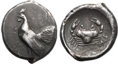 MAGNA GRAECIA. SICILY, HIMERA. Silver Nomos, circa 483-471 BC. Obv: cockerel standing left; HIMERA before. Rev: crab within incuse circle. Good Very Fine; rich old cabinet tone with beautiful highligh