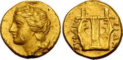 MAGNA GRAECIA. SICILY, SYRACUSE. temp. Agathokles. Electrum 25 Litrai - Quarter Stater, circa 310-304 BC. Obv: laureate head of Apollo left. Rev: kithara; ΣYPAKO-ΣIΩN around. Good Very Fine; minor mar