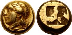 ANCIENT GREECE. IONIA, PHOKAIA. Electrum Hekte, circa 478-387 BC. Obv: head of nymph left, hair bound in an ampyx with a net behind, wearing pendant earring. Rev: quadripartite incuse square. Good Ver