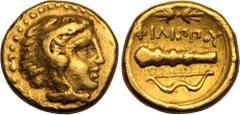 ANCIENT GREECE. KINGDOM OF MACEDON. temp. Philip II - Alexander III 'the Great'. Gold Quarter Stater, circa 340-328 BC. Pella. In the name and types of Philip II. Obv: head of Herakles to right, weari