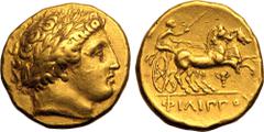 ANCIENT GREECE. KINGDOM OF MACEDON. temp. Philip II - Alexander III 'the Great'. Gold Stater, circa 340-328 BC. Pella. In the name and types of Philip II. Obv: laureate head of Apollo right. Rev: char