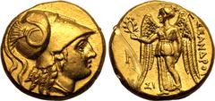 ANCIENT GREECE. KINGDOM OF MACEDON. Alexander III 'the Great'. Gold Stater, dated RY 10 of Abdalonymos = 324/3/2 BC. Sidon. Struck under Menes. Obv: helmeted head of Athena right. Rev: AΛEΞANΔPOY, Nik