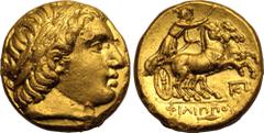 ANCIENT GREECE. KINGDOM OF MACEDON. Philip III Arrhidaios. Gold Stater, circa 323-316 BC. Teos. Struck under Menander or Kleitos, in the name and types of Philip II. Obv: laureate head of Apollo right